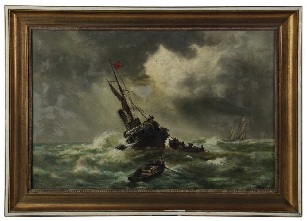 Seascape with Sinking Ship, Oil on Canvas: Seascape with sinking ship, oil on canvas, signed indistinctly L/R, 15 3/4" x 23 1/2", framed 19 1/2" x 27 1/4". Provenance: Venice, Florida collection.