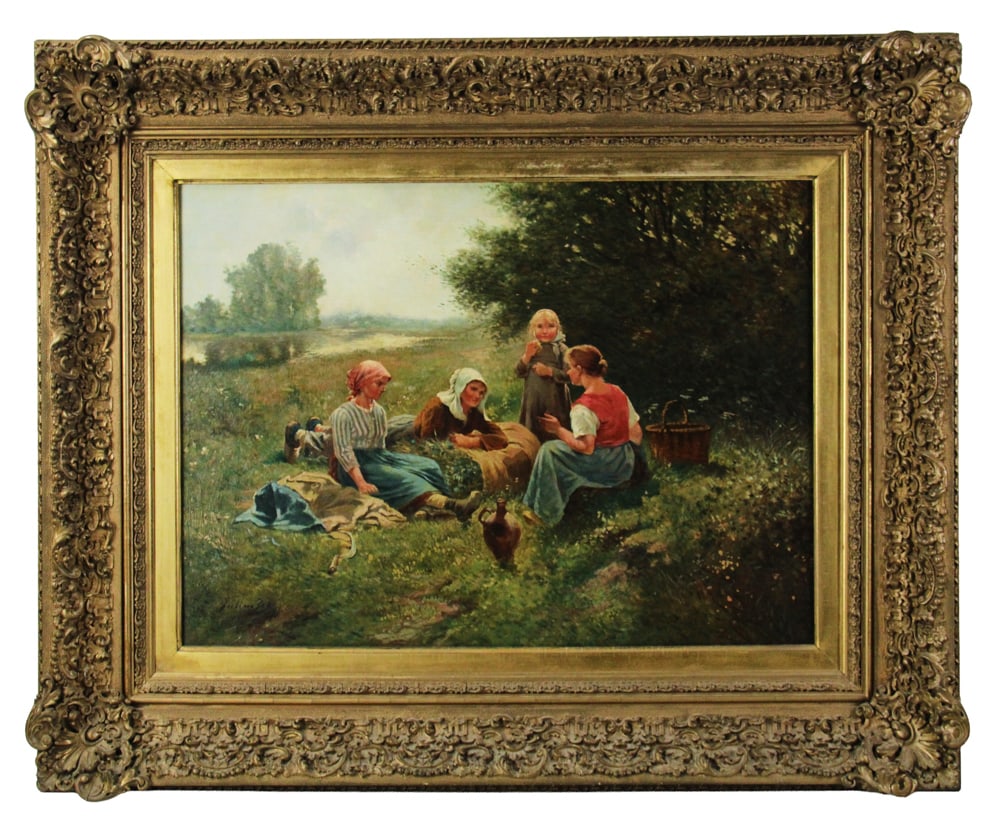 Julien Jos, Peasant Women and Child at Picnic, Oil on Canvas: Julien Jos, three peasant women and child having a picnic in a field, oil on canvas, 22" x 29", in original frame 33" x 41". Provenance: Ipswich, Massachusetts estate.