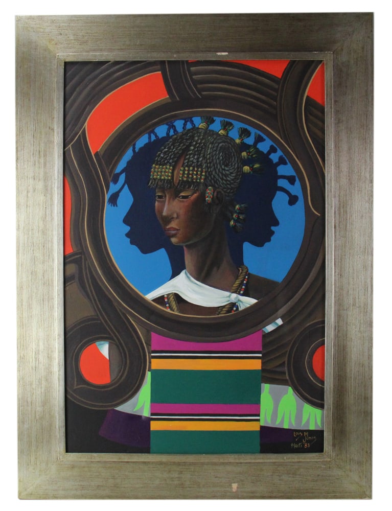 Lois Mailou Jones, Haiti, Maiden of Suriname, Oil on Canvas: Lois Mailou Jones (African-American, 1905-1995), "Haiti", "Maiden of Suriname" 195, oil on canvas, signed L/R, 36" x 24" (sight), framed 45" x 33". Provenance: Somersworth, New Hampshire collection. P