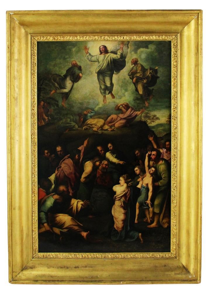 Transfiguration of Christ, Oil on Copper: Transfiguration of Christ, oil on copper, follower of Raphael, labeled Duque do Porto, Portuguese Duke of Porto. Provenance: New York City, New York collection. PLEASE NOTE: On KaminskiLIVE, lots