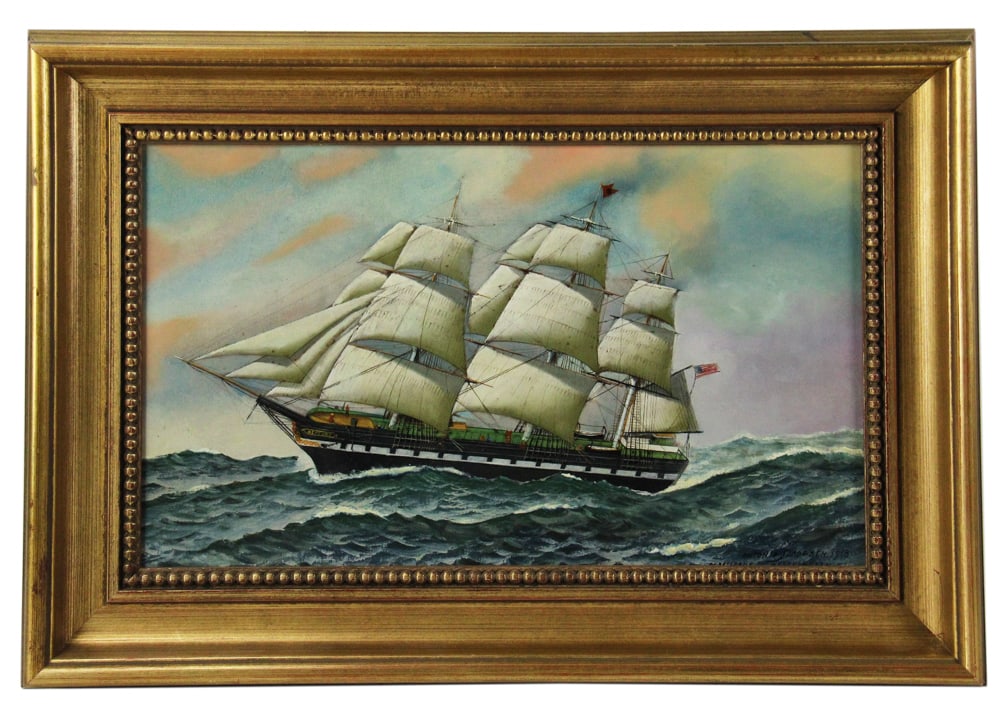 Antonio Jacobsen, Ship "Neptune", Oil on Board: Antonio Jacobsen, ship "Neptune", oil on board, signed, 1918, 11" x 19", framed 24 1/4" x 17 1/4". Provenance: New York City, New York collection.