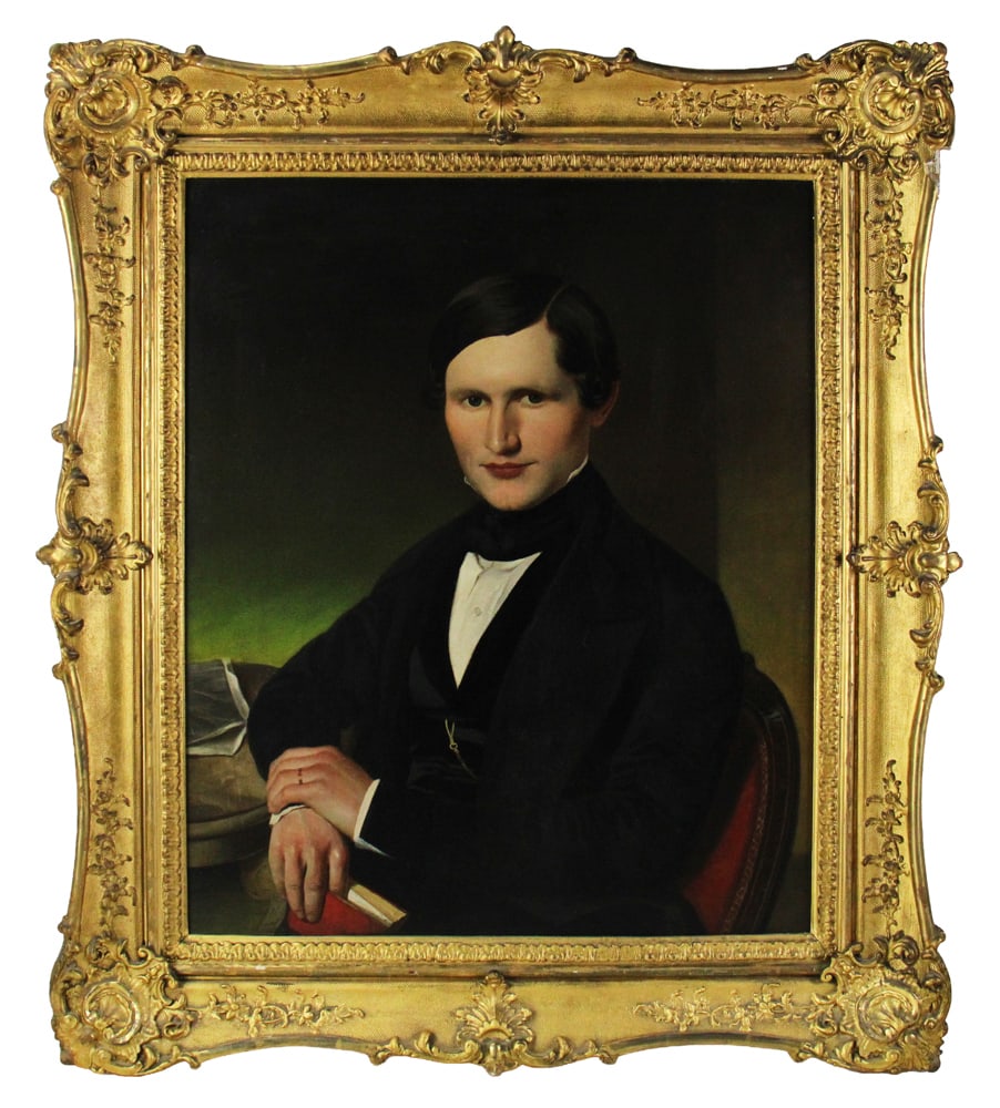 Portrait of Seated Gentleman with Book, Oil on Canvas: Portrait of seated gentleman holding a book, "Great-Great-Grandfather Meseke", oil on canvas, unsigned, 30" x 25", framed 40" x 35". Relined, with minor restoration. Provenance: Ipswich, Massachusetts