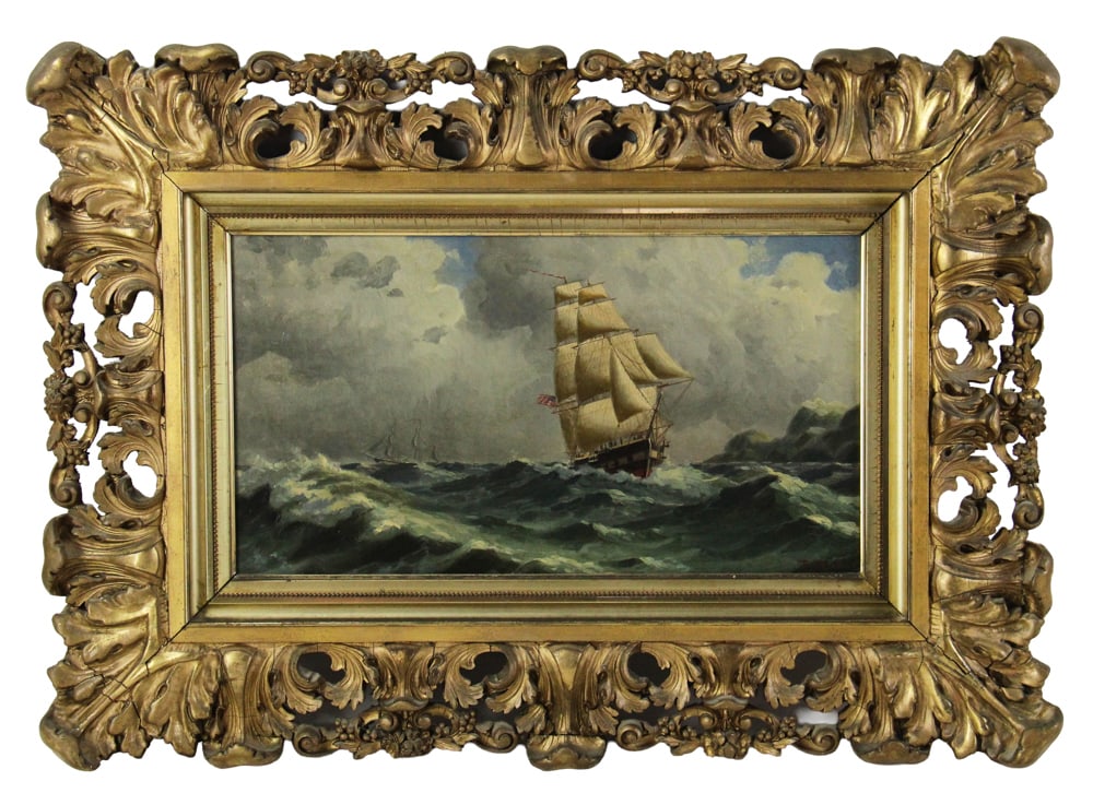 Frank Muller, American Gunboat in Rough Seas, Oil on Canvas: Frank Muller, American gunboat under sail in rough weather along the coast, oil on canvas, 9" x 16", framed 17" x 24". Relined and restored. Provenance: Ipswich, Massachusetts estate.