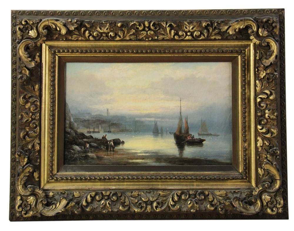 Georges Thornley, Shore Scene with Fishing Boats, Oil on Canvas: Georges Thornley, fishing boats with people on shore and harbor town in background, oil on canvas, 10" x 16", framed 19" x 25". Cracking and cupping paint. Provenance: Ipswich, Massachusetts estate.