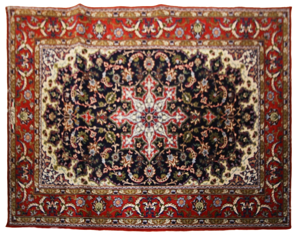 Iranian Keshan Rug, Silk, Signed: Iranian Keshan rug, silk, signed by artist/maker, 3' 9" x 5' 9". Provenance: Mashpee, Massachusetts collection.