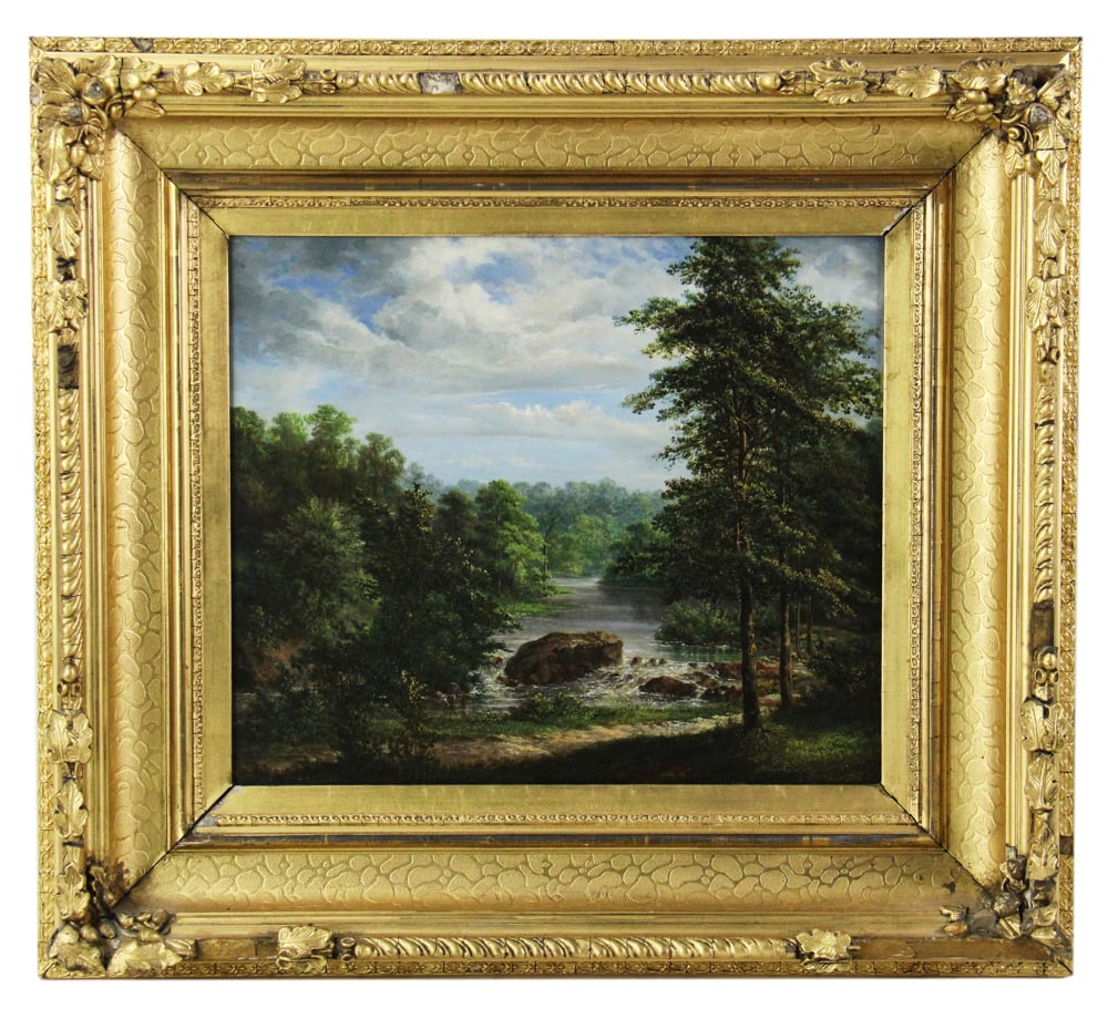 Early 20thC English, Forest Stream in Summer, Oil on Artist Board: Early 20th century English, stream in the forest in summer, oil on artist board, unsigned, 11 3/4" x 13 1/4", in original frame 19" x 21". Provenance: Ipswich, Massachusetts estate.
