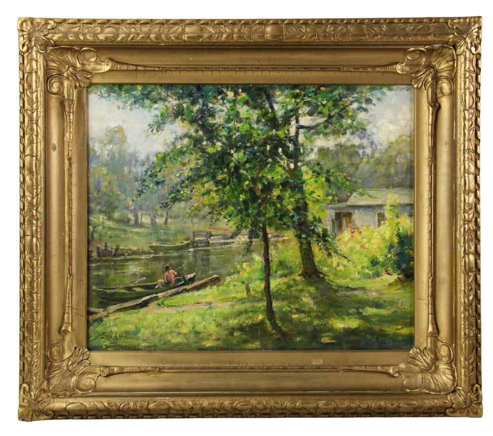 Gerda Ahlm, Woman by the Lake, Oil on Canvas Board: Gerda Ahlm (Swedish, 1869-1956), woman by the lake, oil on canvas board, 18" x 23 1/2", framed 26" x 30". Provenance: New York City, New York collection.