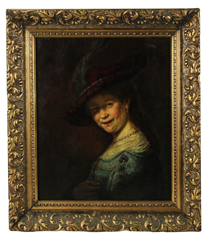 After Rembrandt, Bust of Young Woman, Oil on Canvas: After Rembrandt van Rijn, bust of a smiling young woman, oil on canvas, 20" x 17", framed 26 1/2" x 23 1/2". Provenance: New York City, New York collection.