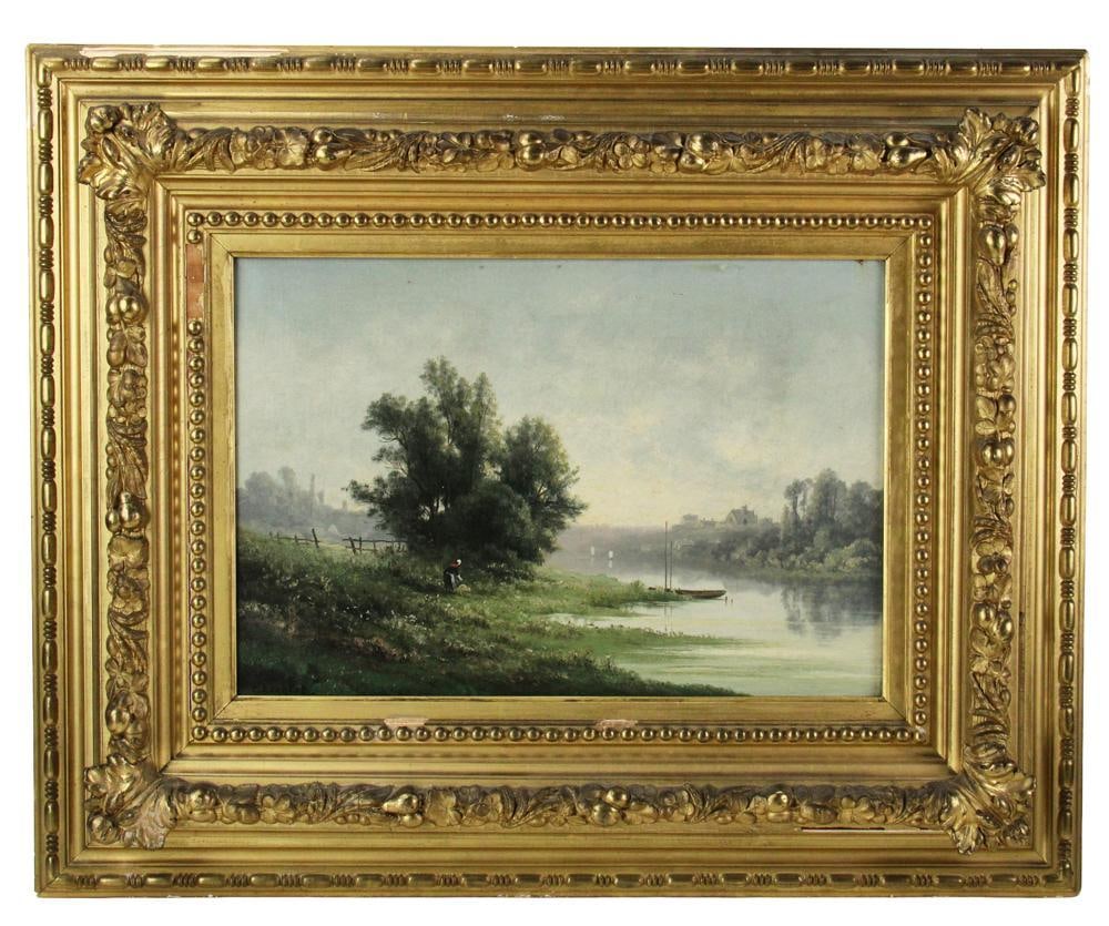Upper Seine, France, View with Woman, Oil on Canvas: Upper Seine, France, view with woman, oil on canvas, signed "C. Lenglt", 15" x 22", framed 28" x 35". Provenance: New York City, New York collection.