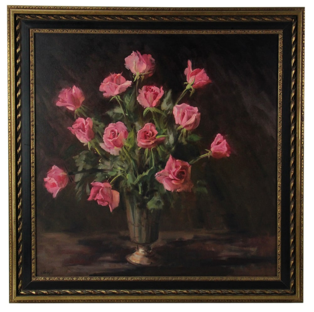 Helen van Wyk, Still Life Roses, Oil on Canvas: Helen van Wyk, still life of roses in vase, oil on canvas, 30" x 30", framed 32" x 33". Provenance: Ipswich, Massachusetts estate.