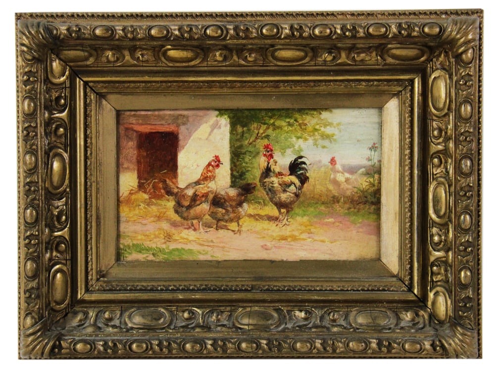 20thC Continental, Chicken, Oil on Panel (1 of 7)