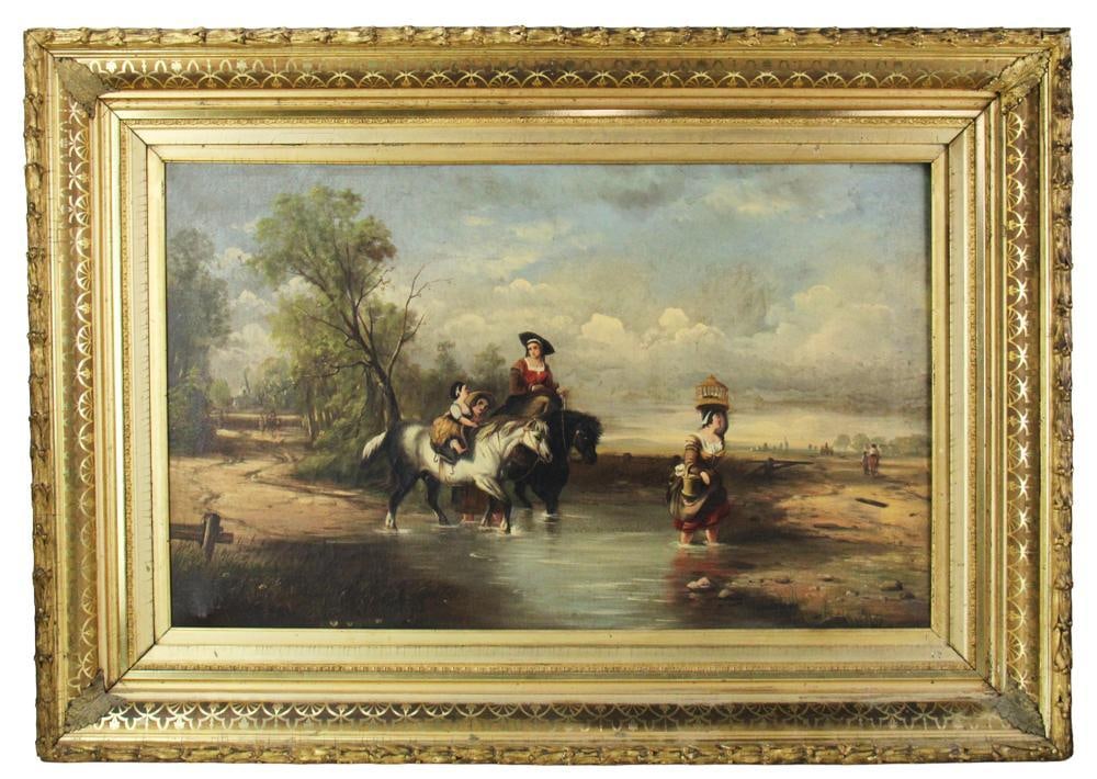 Children on Horse Crossing Stream, Oil on Canvas: Children on horse crossing stream, oil on canvas, unsigned, 22 1/2" x 36", framed 33" x 47". Provenance: New York City, New York collection.