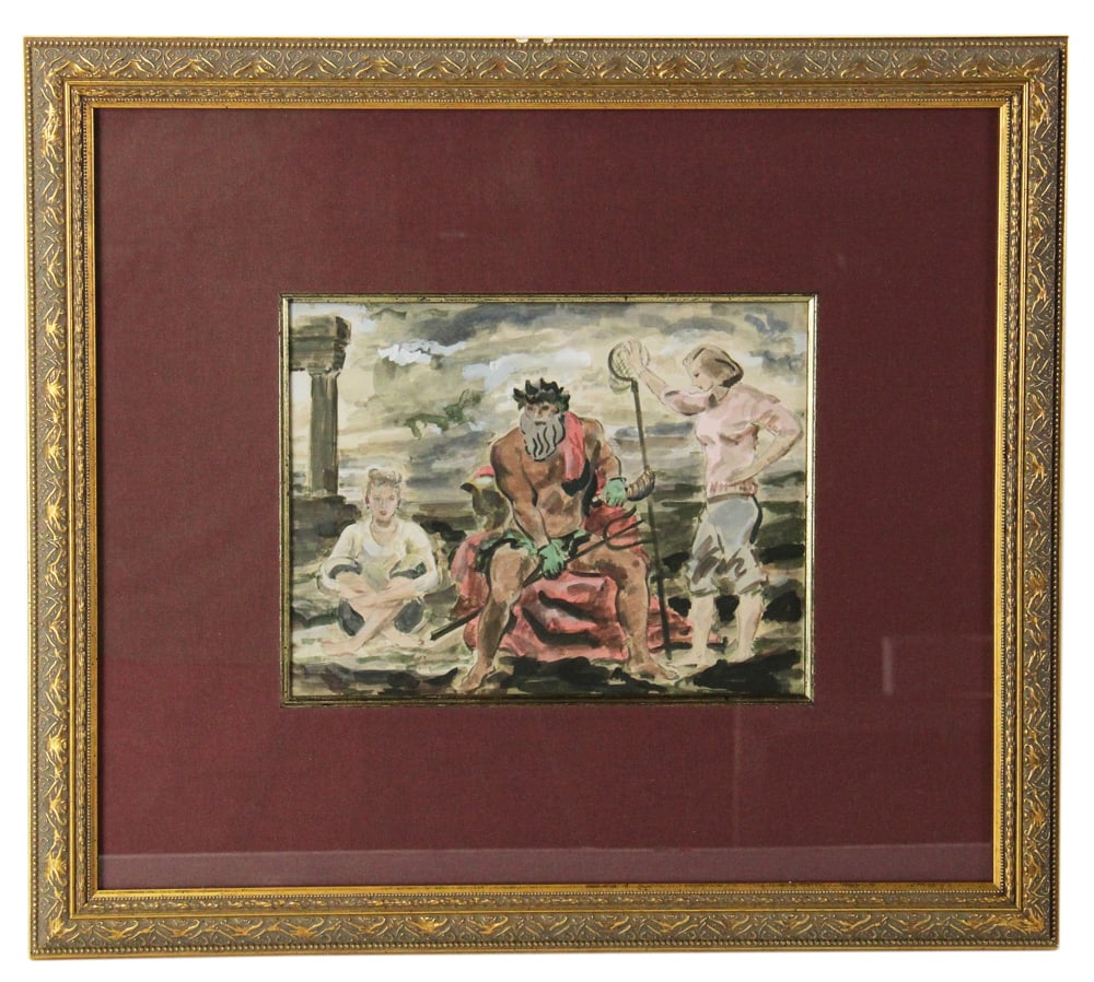 James D. Herbert, "Triton and Two Nymphs", Watercolor: James D. Herbert (American, 1896-1970), "Triton and Two Nymphs", watercolor, signed verso, 7 3/4" x 10" (sight), framed 18" x 20 1/2". Provenance: Providence, Rhode Island collection.