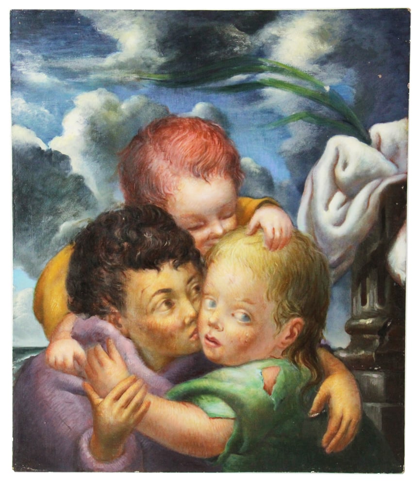 Louise E. Marianetti, Three Children, Egg Tempera on Board: Louise E. Marianetti (1916-2009), three children, egg tempera on board, signed L/L, info verso, 27" x 23" unframed. Provenance: Providence, Rhode Island collection.
