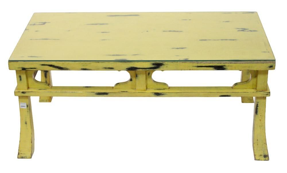 Minton-Spidell Japanese-style Glass-top Table: Japanese-style table with glass top and yellow/black finish. Example of the distressed lacquer and faux-finish techniques that were incredibly popular in high-end 1980s New York design. While the