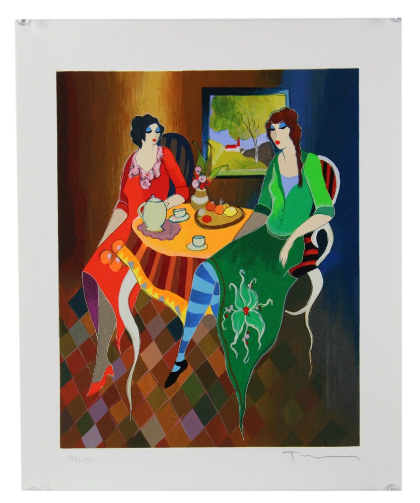 Itzchak Tarkay, Woman with Harbor View, Serigraph: Itzchak Tarkay (Israeli, 1935-2012), seated woman with harbor view, serigraph. Provenance: Mashpee, Massachusetts collection.