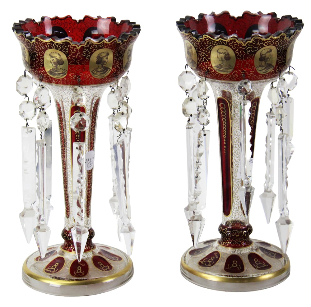 Pair of 19thC Bohemian Ruby Cranberry Glass Mantel Lustres: Pair of 19th century Bohemian ruby cranberry glass mantel lustres featuring hand-painted medallions and hanging cut crystal prisms, signed Ewitt, 12 3/4" H x 6". Provenance: Charlestown, Massachusetts