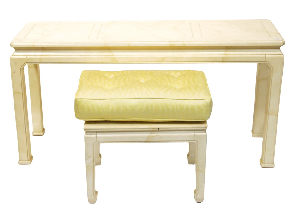 Henredon Painted Hall Table, with Bench: Henredon painted hall table, 27" x 55" x 16", with bench 22" x 22" x 16". Provenance: Atlantis, Florida collection.