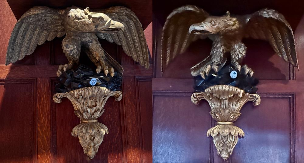 Pair of George III Style Parcel-Gilt and Hardwood Brackets: Pair of George III-style parcel-gilt and hardwood brackets. Each with rectangular rest supported by a spread-winged eagle on a rocky outcrop and foliate-molded pendant drop finial Height: 20 inches