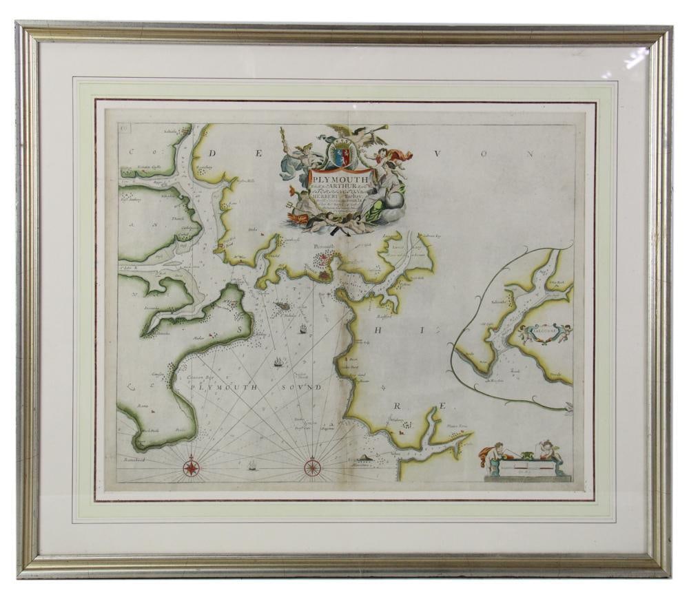 Early Colored Map of Plymouth Sound: Early colored map of Plymouth Sound by Captain Greenville Collins, dedicated to Baron Herbert of Torbay, 19" x 24", framed 27" x 31". Provenance: Sugar Hill, New Hampshire collection.
