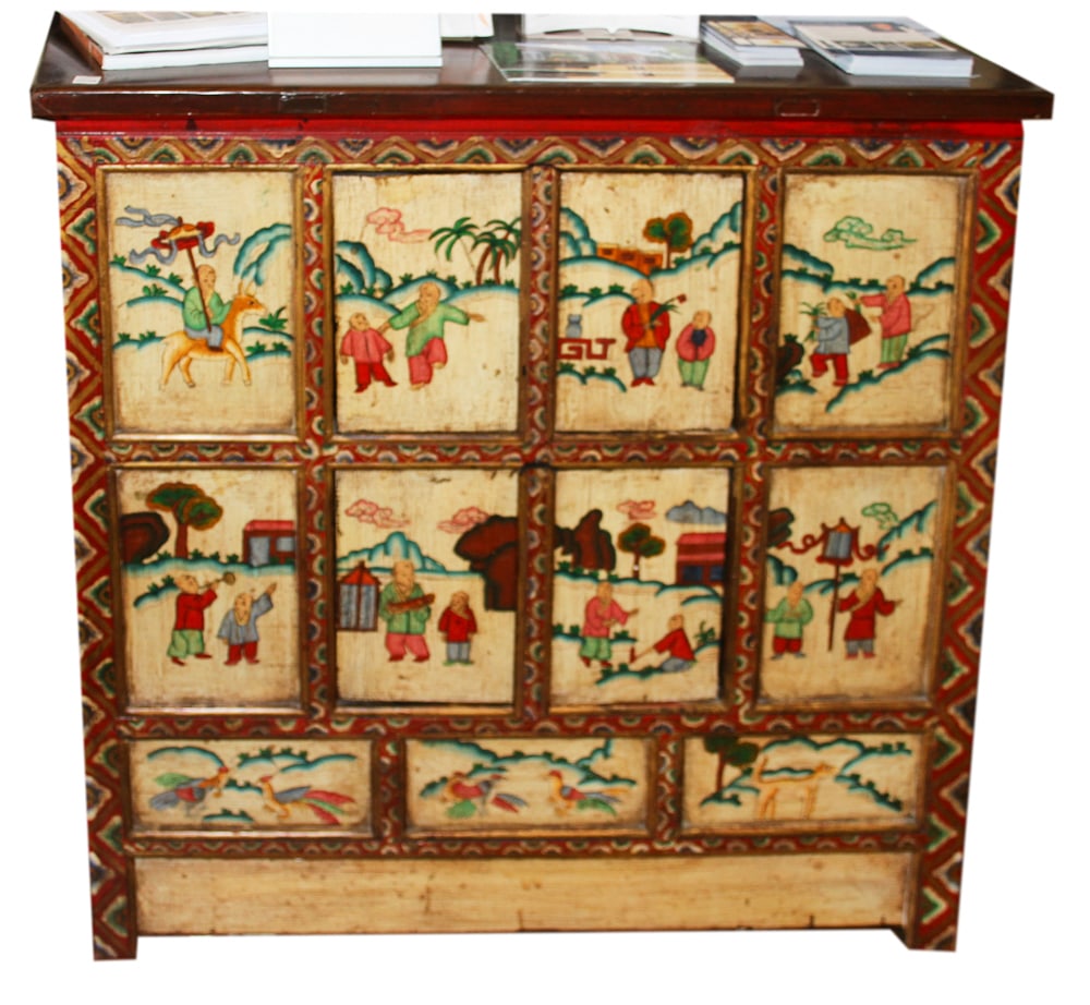 Antique Tibetan Paint-Decorated Chest: Antique Tibetan paint-decorated chest, 42" x 41" x 16". Provenance: Mashpee, Massachusetts collection.