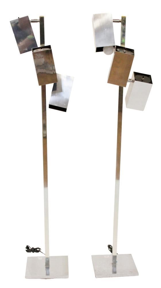 Pair of C1970s/80s Koch and Lowy Floor Lamps: Pair of chrome floor lamps by Koch and Lowy, circa 1970s-80s. They produced a very popular version of this lamp featuring three adjustable rectangular (box) shades on a slender chrome pole and a