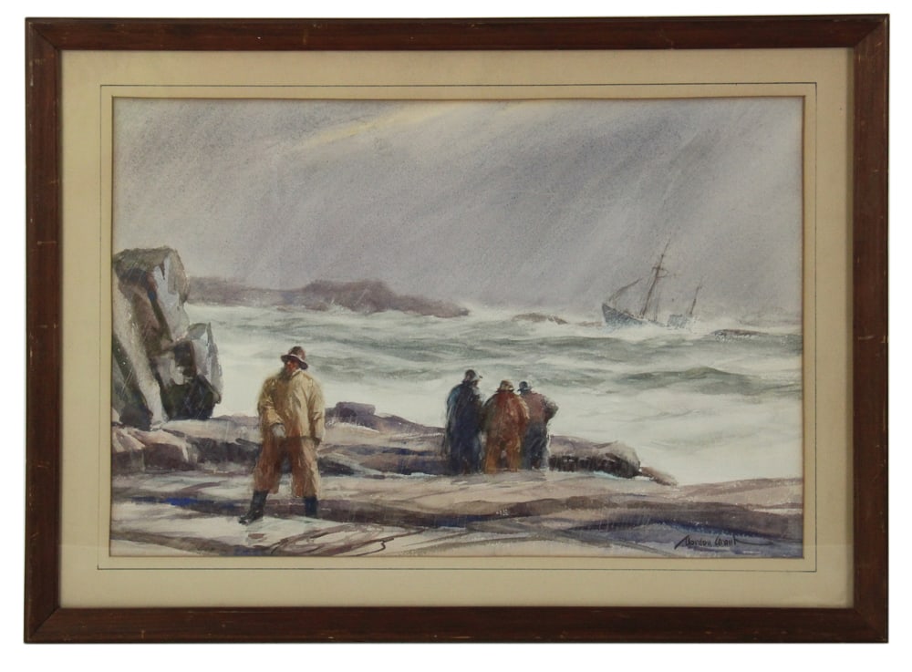 Gordon Grant, Seascape with Fishermen, Watercolor: Gordon Grant (American, 1875-1962), seascape with fishermen, watercolor, signed L/R, 14" x 21" (sight), framed 19" x 26". Provenance: Venice, Florida collection.