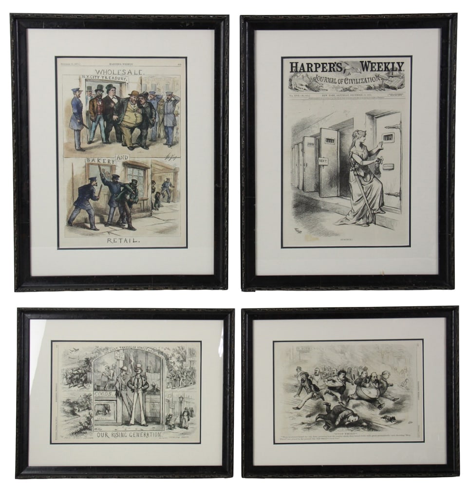 Harpers Weekly Prints, Framed: Harpers Weekly prints, set of (4), framed 22" x 17". Good condition. Provenance: Beverly, Massachusetts collection.