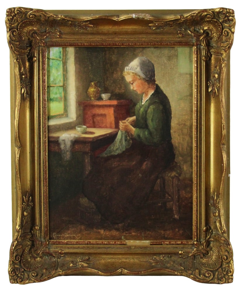 A.J. Van Eybergen, Woman Sewing by Window, Oil on Canvas: A.J. Van Eybergen (Dutch), young woman sewing by the window, oil on canvas, 16" x 12", framed 21" x 17". Provenance: New York City, New York collection.