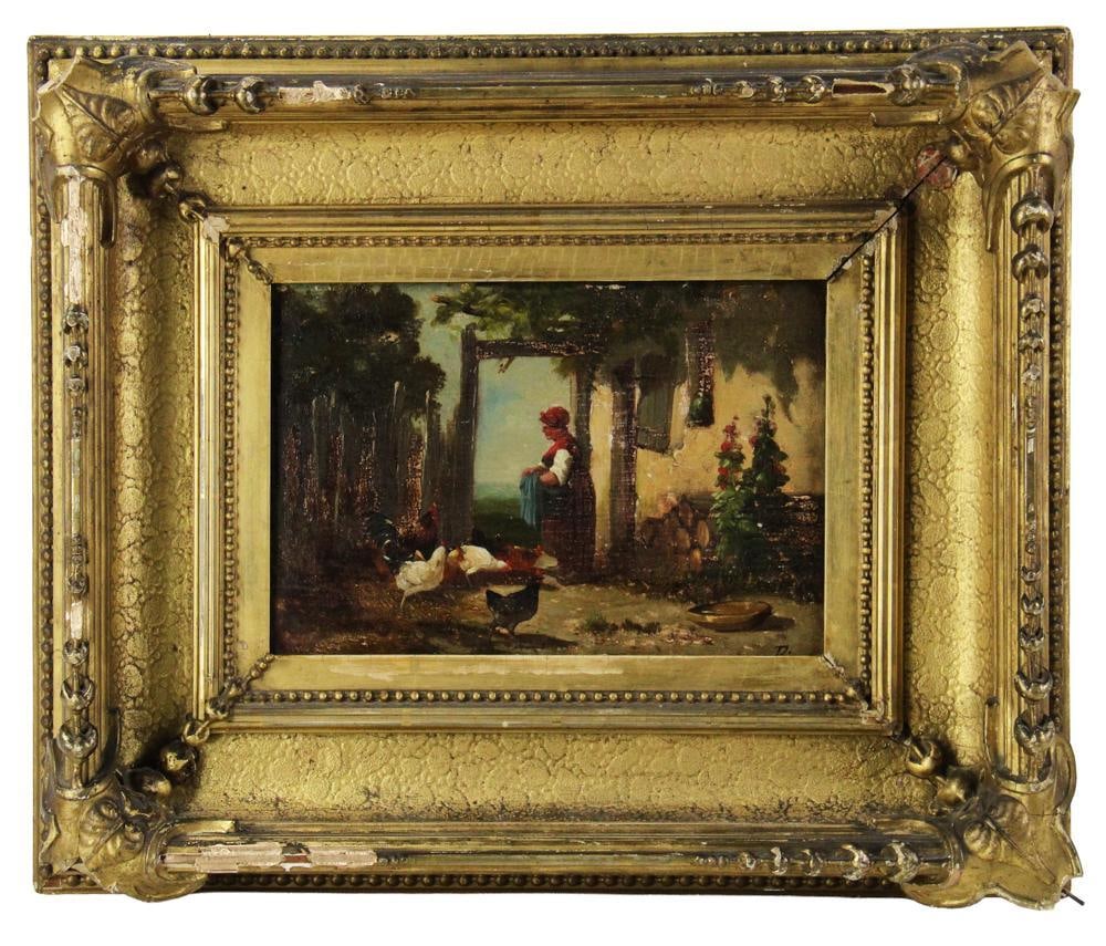 Woman with Chickens, Oil on Board: Woman with chickens, oil on board, signed Bina L/L, 10" x 14", in original frame 17 1/2" x 21 1/2". Provenance: New York City, New York collection.