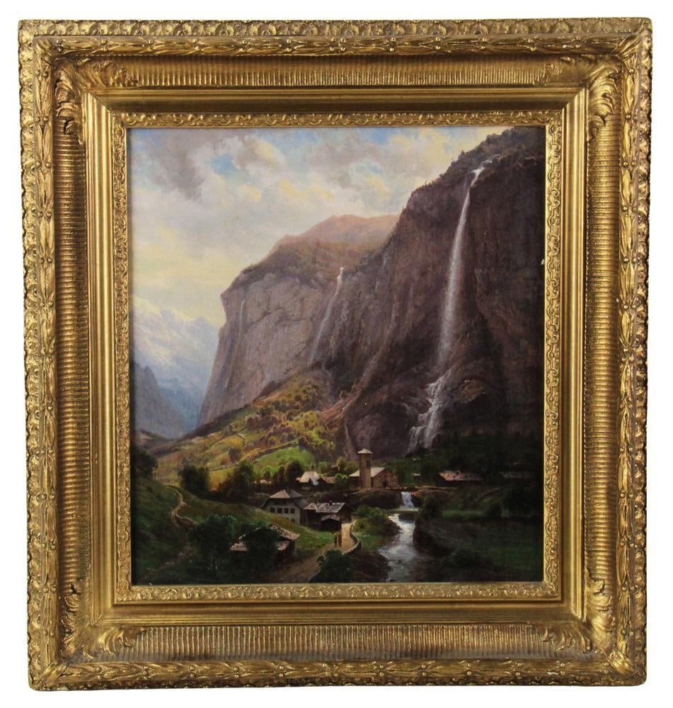 Mountain Waterfall View in the Alps, Oil on Canvas: Mountain waterfall view in the Alps, oil on canvas, 14 1/2" x 13", framed 20" x 19". Provenance: New York City, New York collection.
