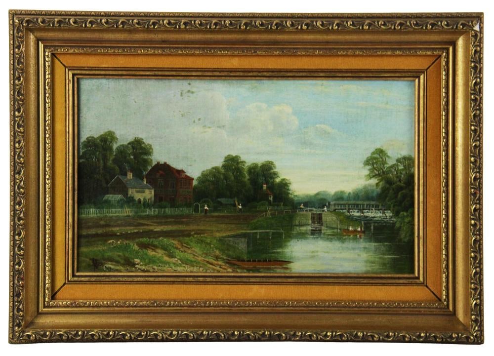 River View with Houses, Oil on Panel: River view with houses, oil on panel, signed Allan L/L, 10 1/2" x 16 1/2", framed 12" x 18". Provenance: New York City, New York collection.
