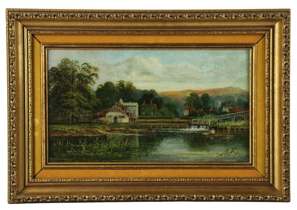 House on Pond with Man in Boat, Oil on Board: House on pond with man in boat, oil on board, 10 1/2" x 16 1/2", framed 12" x 18". Provenance: New York City, New York collection.