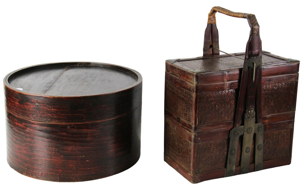 Chinese Bentwood Hat Box and Tiered Wood Basket: Chinese bentwood hat box, 9" x 15"; Chinese tiered wood picnic or wedding basket, 17" x 13" x 7". Provenance: Salem, Massachusetts collection.