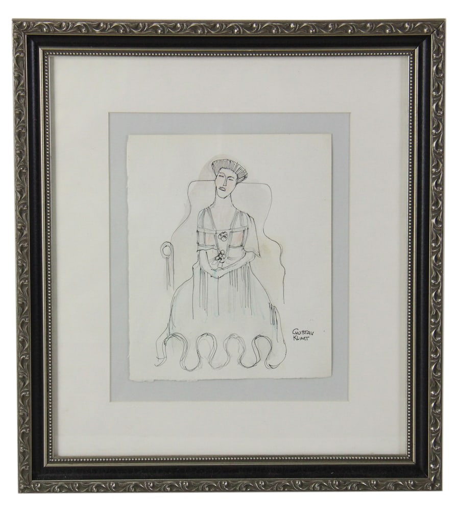 Gustav Klimt, Seated Woman, Ink Drawing: Gustav Klimt, seated woman, ink drawing, 8 1/2" x 7", framed 16" x 14 1/2". Provenance: St. Petersburg, Florida, collection.
