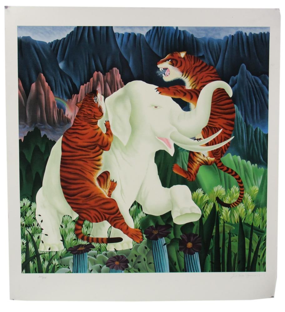 Jose Carlo, Tigers and Elephant, Print: Jose Carlo, tigers and elephant, print, editioned 304/375, 30" x 30" unframed. Provenance: St. Petersburg, Florida, collection.