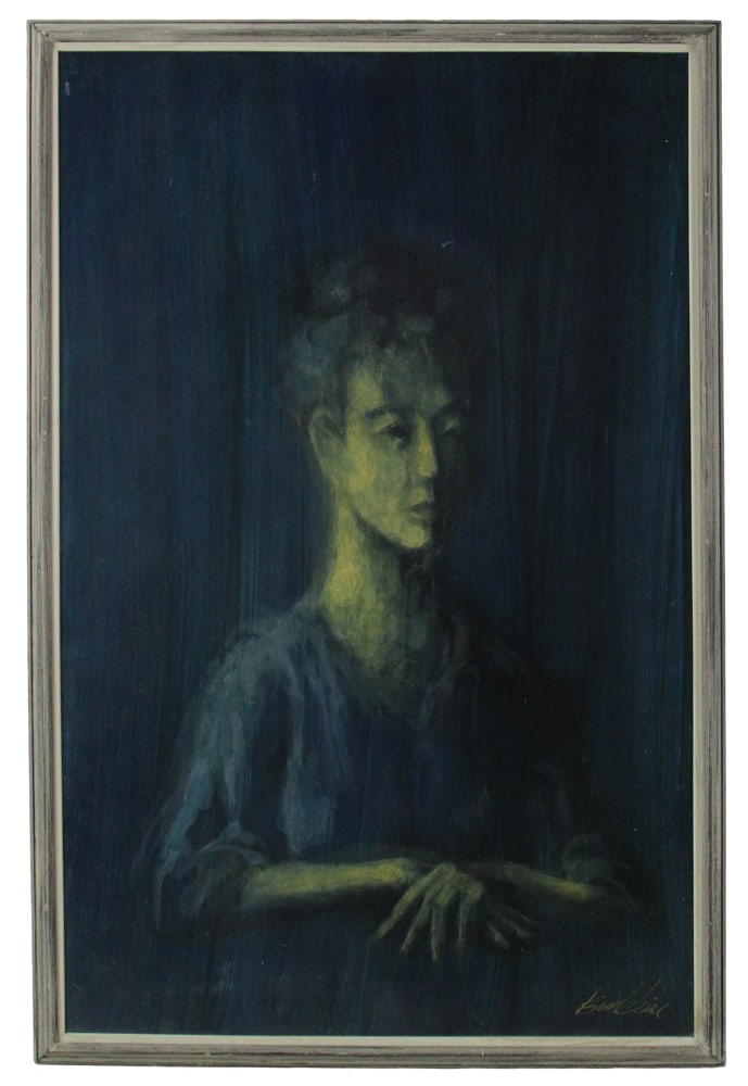 Blue Woman, Oil on Artist Board: Blue woman, oil on artist board, signed indistinctly L/R, 38" x 24", framed 41" x 26". Provenance: Revere, Massachusetts collection.