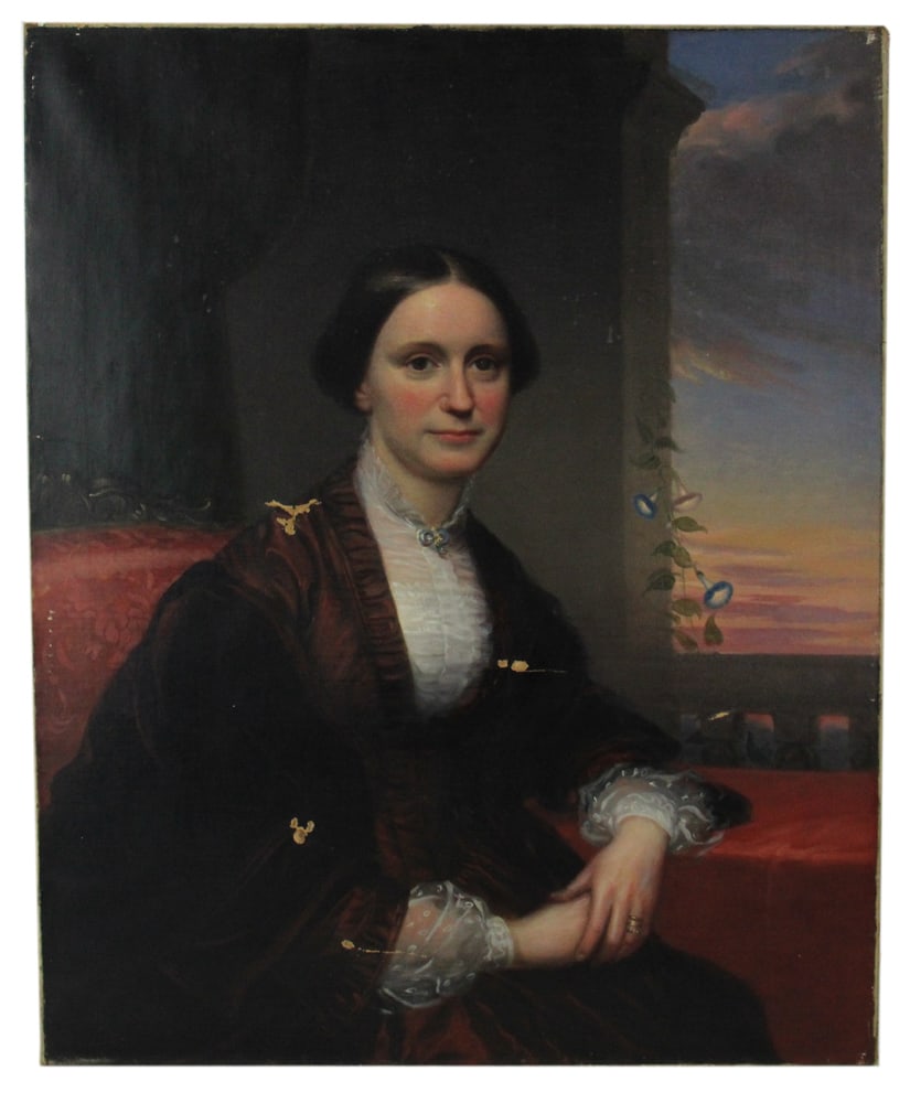 Mid-19thC Portrait of Woman in Red Velvet Cape: Mid-19th century portrait of woman wearing red velvet cape, oil on canvas, 36" x 29". Provenance: Revere, Massachusetts collection.