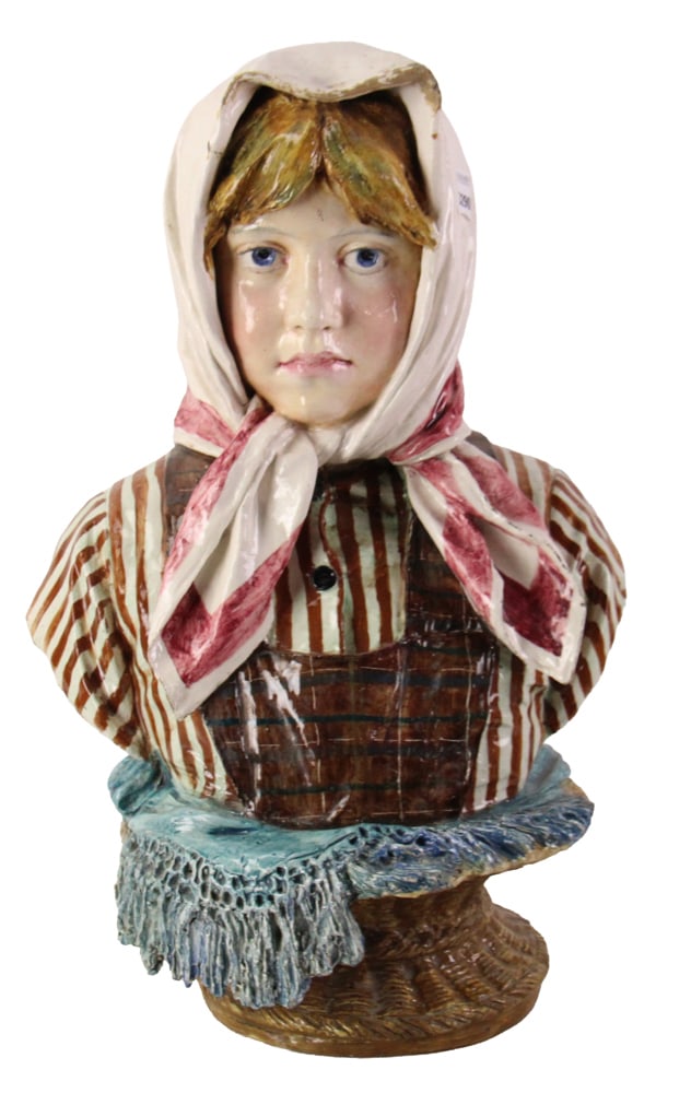 C1900 Mahogany Bust of Young Girl: Circa 1900 majolica bust of young girl, approximately 20" H. Some damage. Provenance: Ithaca, New York collection.