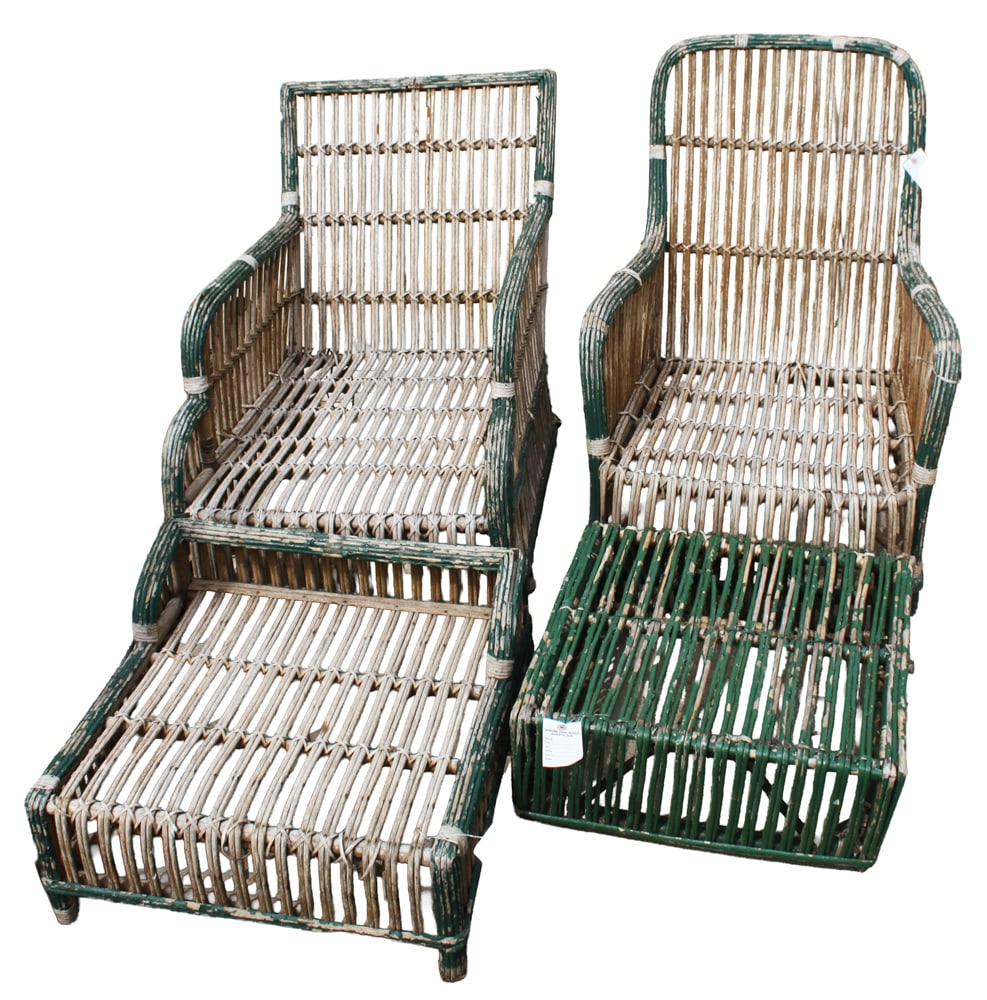 1920s Rattan Armchairs and Ottoman: 1920s rattan pair of armchairs and ottoman. Provenance: White Plains, New York collection.