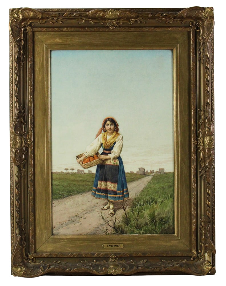 Indoni, Italian Girl with Basket of Oranges, Watercolor: Indoni, Italian girl holding basket of oranges, watercolor, 21 1/2" x 14 1/2", framed 30 1/2" x 23 1/2". Provenance: New York City, New York collection.