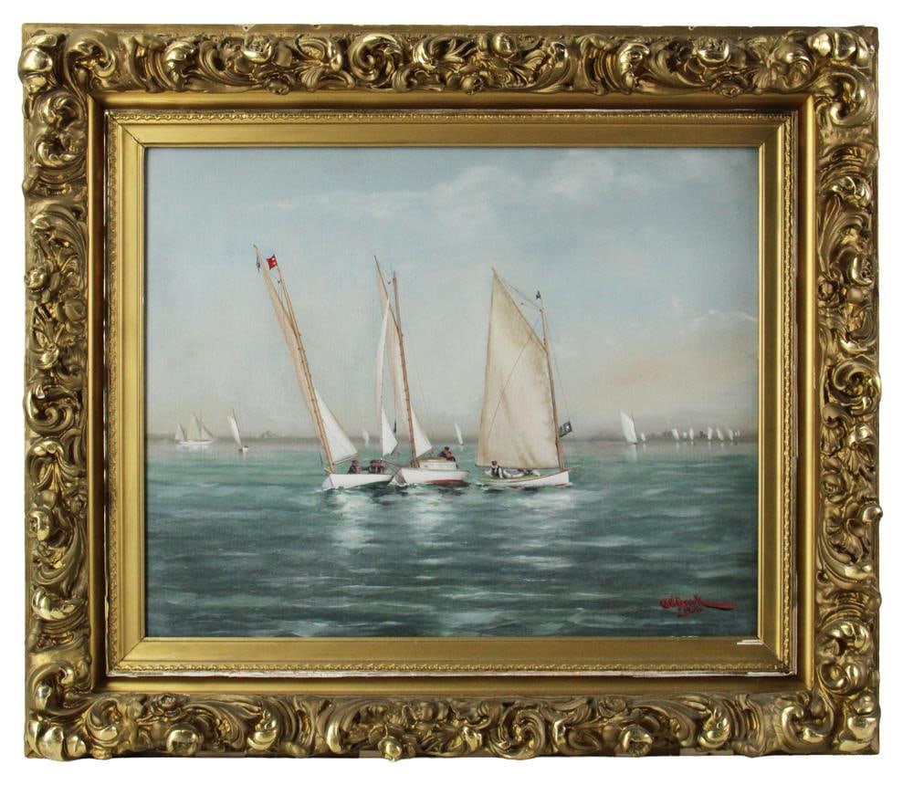 Q.H. Brook, Racing Sailboats, Oil on Canvas: Q.H. Brook, racing sailboats, oil on canvas, 1906, 16" x 20", framed 24" x 27". Provenance: New York City, New York collection.