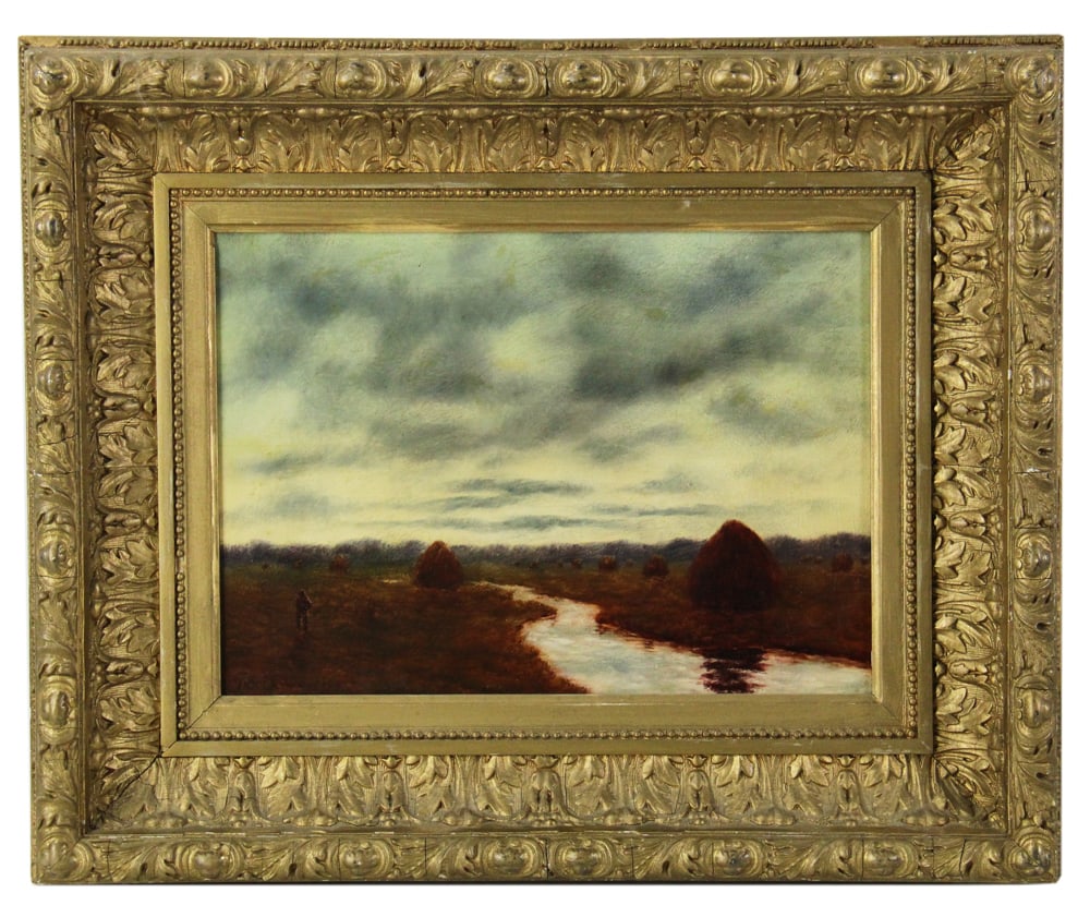 Marsh and Haystacks, Oil on Panel: Marsh and haystacks, possibly Essex River, oil on panel, signed indistinctly L/L, 10" x 14", in gilt frame 17 1/4" x 21 1/4". Provenance: Chelsea, Massachusetts collection.