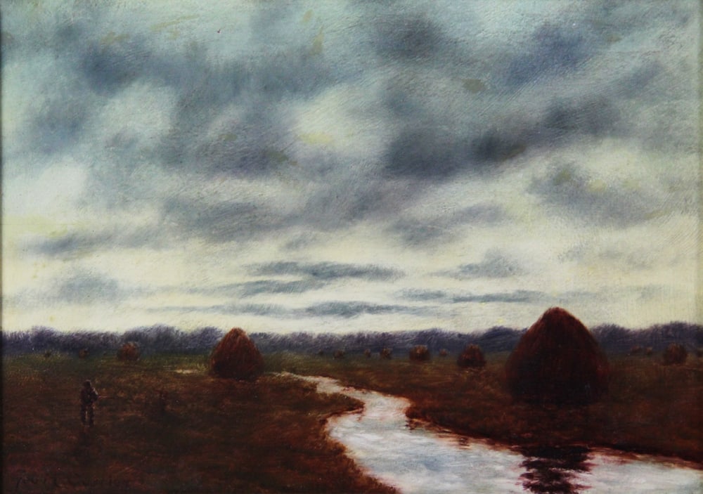 Marsh and Haystacks, Oil on Panel - 2
