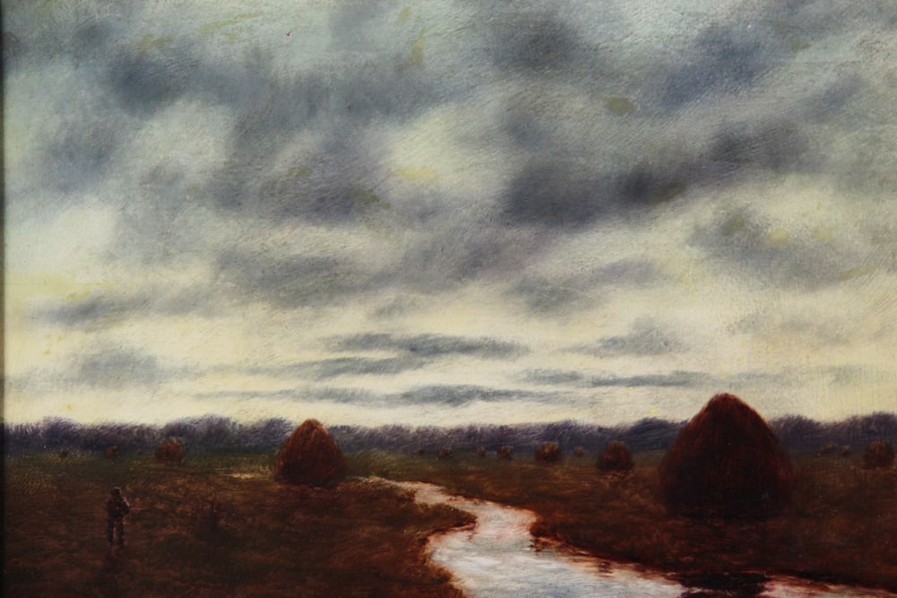Marsh and Haystacks, Oil on Panel - 3