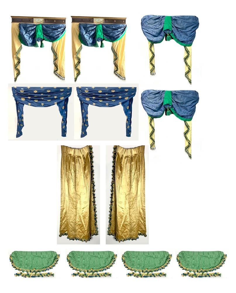 Suite of Draperies from Green Room at White House: Suite of draperies from the Green Room at The White House, including three early 19th century parcel gilt wooden 42" wide valances with eglomise panels with silk drapery in plum, green and