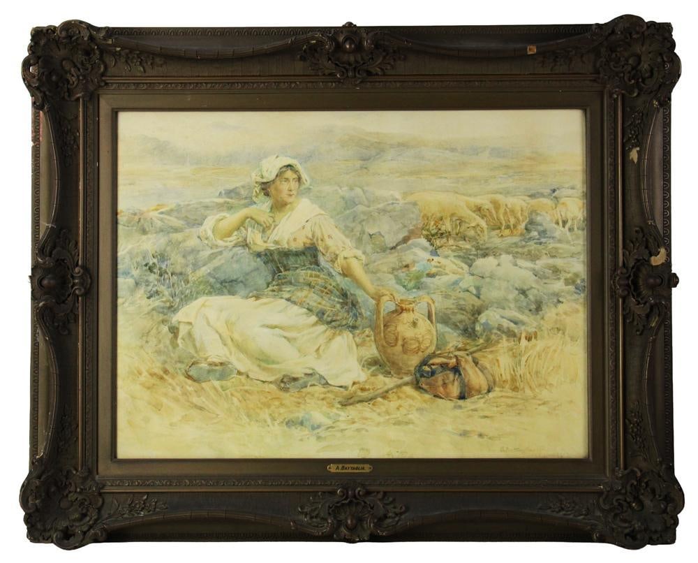Battaglia, Woman Herding Sheep, Watercolor: Battaglia (Italian, 20th century), woman herding sheep, watercolor, 19" x 26" (image), framed 30" x 37". Provenance: Rockport, Massachusetts collection.