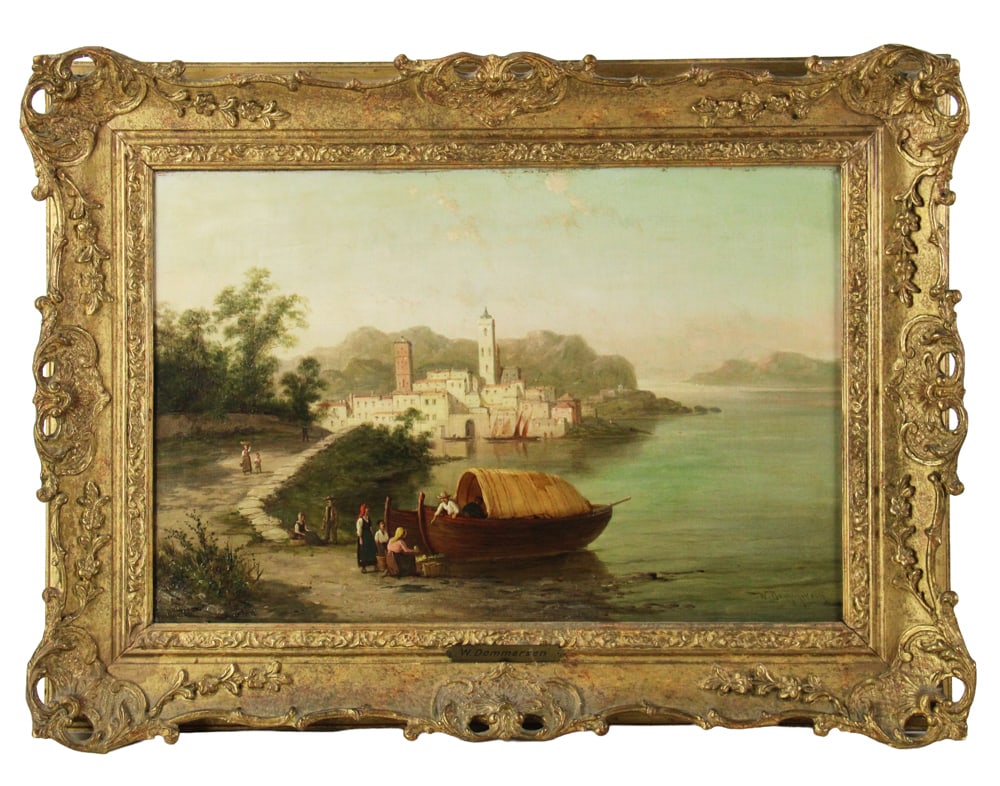 W. Dommersen, European Harbor Scene, Oil on Canvas: W. Dommersen, European harbor scene, oil on canvas, 16" x 24", framed 23" x 31". Provenance: New York City, New York collection.