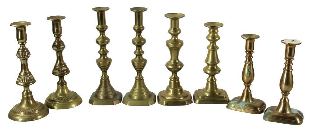Early Brass Candlesticks: Early brass candlesticks, (8) total. Provenance: Rocky Neck, Gloucester, Massachusetts collection.