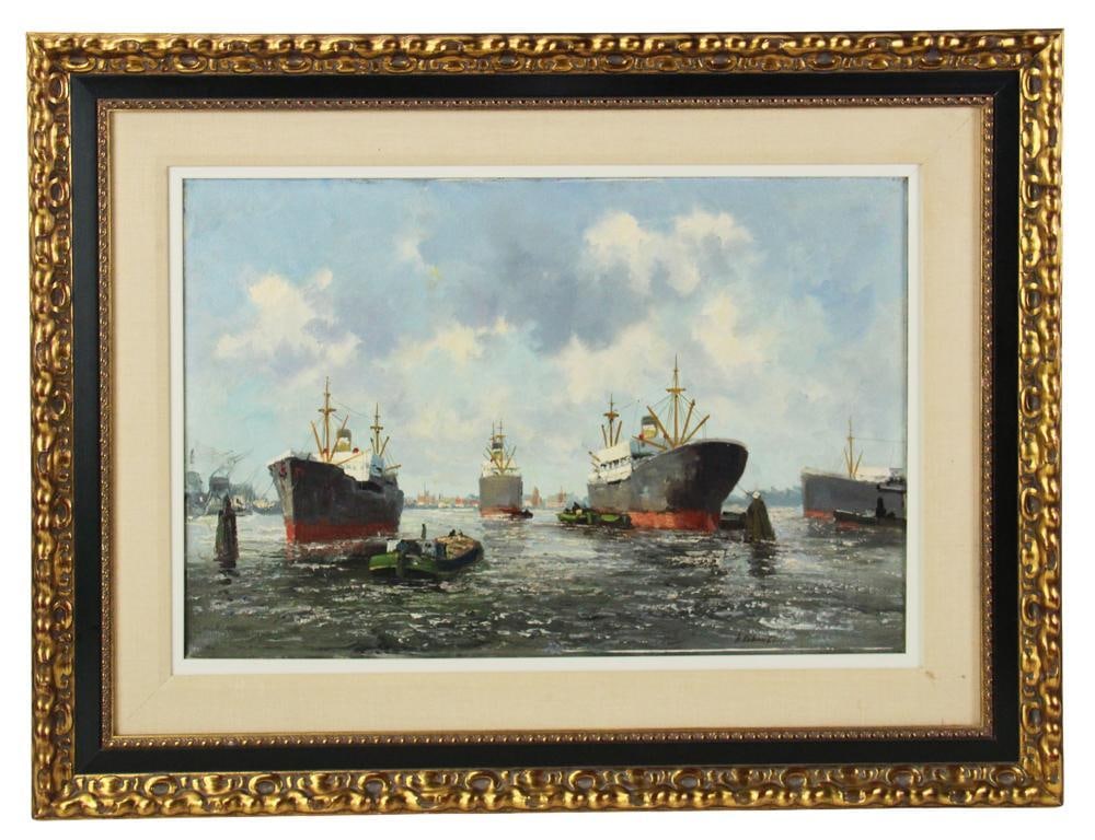 Ships at Port, Oil on Canvas: Ships at port, oil on canvas, signed L/R, 16 1/8" x 24", framed 25" x 33". Provenance: New York City, New York collection.